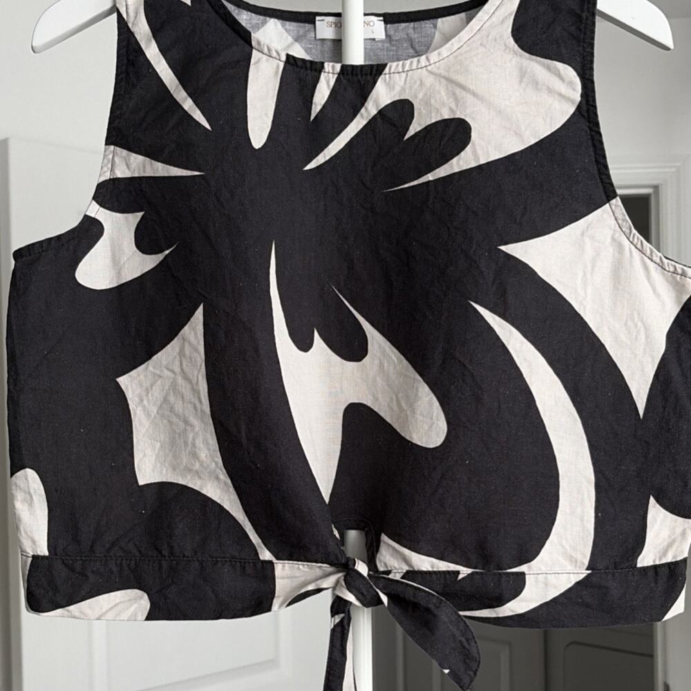 Spighe Di Lino Black White Abstract Linen Sleeveless Tie Cropped Blouse L